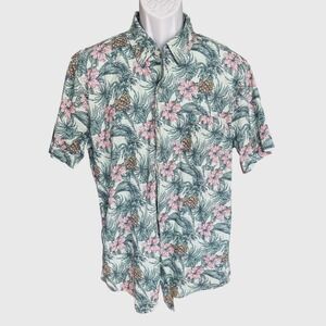 Izod Saltwater Green & Pink Tropical Pineapple Button Up Shirt, XL, Beach Resort